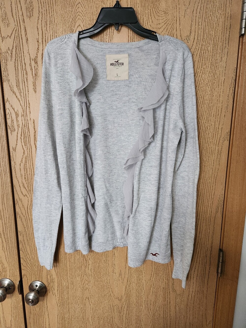 Hollister Light Gray Ruffle-Trim Open Cardigan